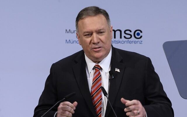 US Secretary of State Mike Pompeo addresses the audience on the podium during the 56th Munich Security Conference (MSC) in Munich, southern Germany, on February 15, 2020 (ANDREW CABALLERO-REYNOLDS / POOL / AFP) US Secretary of State Mike Pompeo addresses the audience on the podium during the 56th Munich Security Conference (MSC) in Munich, southern Germany, on February 15, 2020 (ANDREW CABALLERO-REYNOLDS / POOL / AFP)