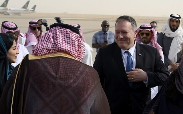 US Secretary of State Mike Pompeo arrives at the King Khalid International Airport in the Saudi capital Riyadh on February 19, 2020. (Andrew Caballero-Reynolds/Pool/AFP) US Secretary of State Mike Pompeo arrives at the King Khalid International Airport in the Saudi capital Riyadh on February 19, 2020. (Andrew Caballero-Reynolds/Pool/AFP)