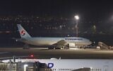 A Korean airplane that arrived from South Korea, after landing at Ben Gurion International Airport on February 22, 2020. (Ahmad GHARABLI / AFP)