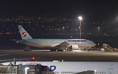 A Korean airplane that arrived from South Korea, after landing at Ben Gurion International Airport on February 22, 2020. (Ahmad GHARABLI / AFP)