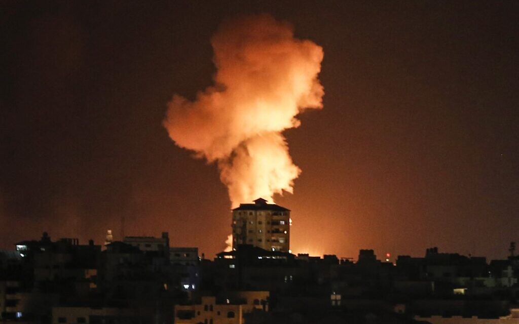 An explosion is seen following an Israeli airstrike on Gaza City in response to the firing of rockets by Palestinian terrorists in the coastal enclave toward Israel, February 24, 2020. (Mahmud Hams/AFP) An explosion is seen following an Israeli airstrike on Gaza City in response to the firing of rockets by Palestinian terrorists in the coastal enclave toward Israel, February 24, 2020. (Mahmud Hams/AFP)