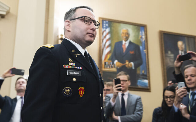 Lt. Col. Alexander Vindman arrives to testify at the House Intelligence Committee hearing on the impeachment inquiry of US President Trump in Washington, November 19, 2019. (Tom Williams/CQ-Roll Call, Inc via Getty Images via JTA) Lt. Col. Alexander Vindman arrives to testify at the House Intelligence Committee hearing on the impeachment inquiry of US President Trump in Washington, November 19, 2019. (Tom Williams/CQ-Roll Call, Inc via Getty Images via JTA)