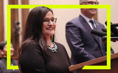 Raquel Montoya-Lewis answers questions from the press after Gov. Jay Inslee announced her appointment to the Washington State Supreme Court. (Office of the Governor/ via JTA)
