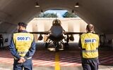 An F-16 fighter jet that was damaged by flooding during a rainstorm in January is seen in its hangar after it returned to service in this undated photograph released on February 3, 2020. (Israel Defense Forces)
