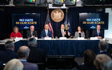 Governor Andrew M. Cuomo (3rd R) launches the 'No Hate in Our State' campaign to combat hate, division and anti-semitism in New York State, February 27, 2020 (Courtesy)