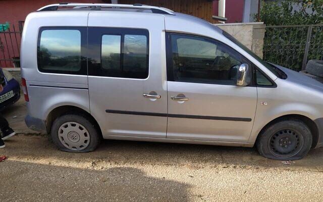 Image shows a car in Yasuf on February 26, 2020 after its tires were slashed. (Credit: Yasuf Village Council) Image shows a car in Yasuf on February 26, 2020 after its tires were slashed. (Credit: Yasuf Village Council)