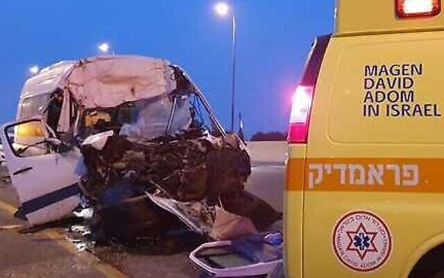 The scene of a crash between a minibus and a truck at Qastina Junction near Kiryat Malachi on February 19, 2020. (Magen David Adom) The scene of a crash between a minibus and a truck at Qastina Junction near Kiryat Malachi on February 19, 2020. (Magen David Adom)