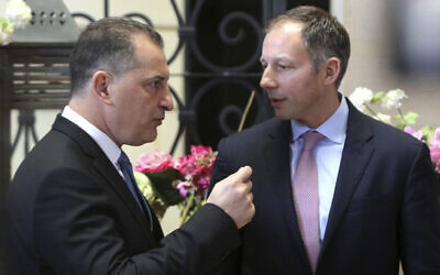 US Assistant Secretary of State Francis Fannon, right, and Cyprus' Energy minister Yiorgos Lakkotrypis talk during a meeting of Israeli, Cypriot and Greek experts working on boosting safety and security in offshore oil and gas drilling in Nicosia, Cyprus, February 5, 2020. (Petros Karadjias/AP)