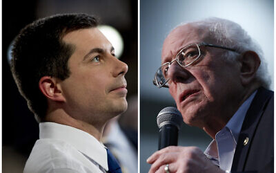 This combination of Jan. 26, 2020, photos shows at left, Democratic presidential candidate former South Bend, Ind., Mayor Pete Buttigieg on Jan. 26, 2020, in Des Moines, Iowa; and at right Democratic presidential candidate Sen. Bernie Sanders, I-Vt., in Sioux City, Iowa. (AP Photo)