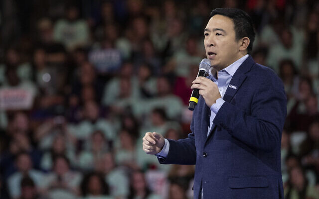 Democratic presidential candidate businessman Andrew Yang speaks during the McIntyre-Shaheen 100 Club Dinner, February 8, 2020, in Manchester, New Hampshire. (AP Photo/Mary Altaffer) Democratic presidential candidate businessman Andrew Yang speaks during the McIntyre-Shaheen 100 Club Dinner, February 8, 2020, in Manchester, New Hampshire. (AP Photo/Mary Altaffer)