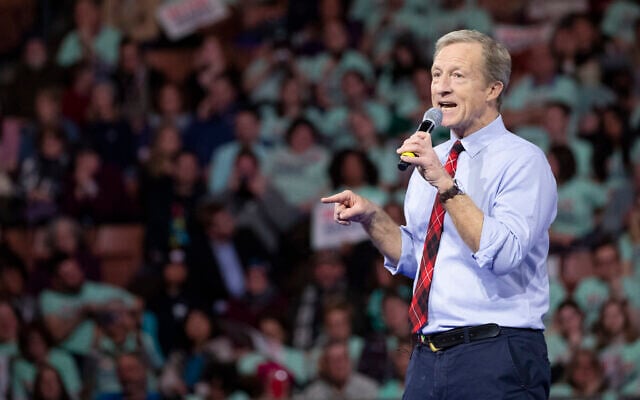 Democratic presidential candidate businessman Tom Steyer speaks during the McIntyre-Shaheen 100 Club Dinner, February 8, 2020, in Manchester, New Hampshire. (AP Photo/Mary Altaffer) Democratic presidential candidate businessman Tom Steyer speaks during the McIntyre-Shaheen 100 Club Dinner, February 8, 2020, in Manchester, New Hampshire. (AP Photo/Mary Altaffer)