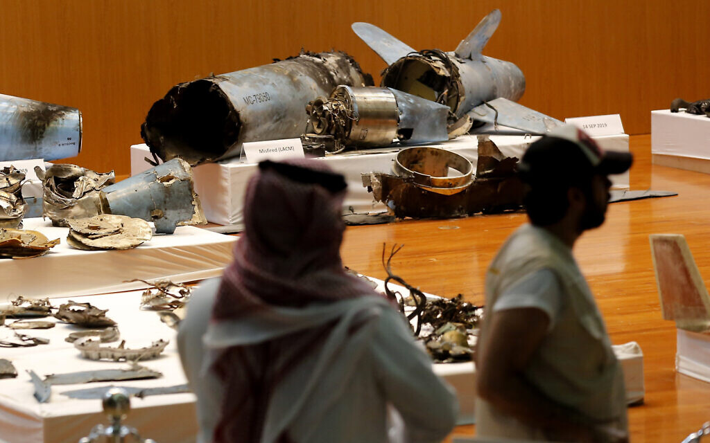 Illustrative: The Saudi military displays what they say are an Iranian cruise missile and drones used in recent attacks on its oil industry at Saudi Aramco's facilities in Abqaiq and Khurais, during a press conference in Riyadh, Saudi Arabia, September 18, 2019. (AP Photo/Amr Nabil, File) Illustrative: The Saudi military displays what they say are an Iranian cruise missile and drones used in recent attacks on its oil industry at Saudi Aramco's facilities in Abqaiq and Khurais, during a press conference in Riyadh, Saudi Arabia, September 18, 2019. (AP Photo/Amr Nabil, File)