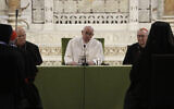 Pope Francis delivers a speech inside the St. Nicholas Basilica on the occasion of the 'Mediterranean sea a border of peace' conference in Bari, Italy, February 23, 2020. (Gregorio Borgia/AP)