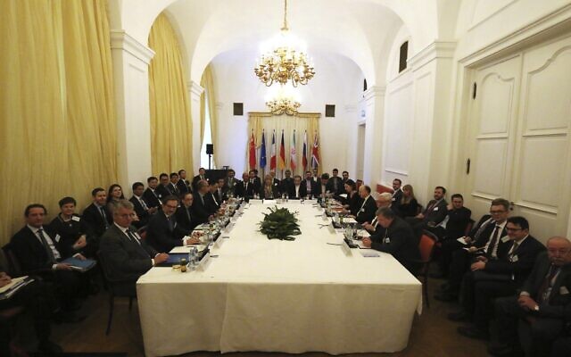 European and Iranian diplomats meet as part of closed-door nuclear talks with Iran in Vienna, Austria, February 26, 2020. (AP Photo/Roland Zak) European and Iranian diplomats meet as part of closed-door nuclear talks with Iran in Vienna, Austria, February 26, 2020. (AP Photo/Roland Zak)