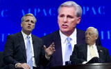 Republican Representative Kevin McCarthy of California, left, accompanied by Democratic Representative Steny Hoyer of Maryland, speaks at the 2017 American Israel Public Affairs Committee (AIPAC) Policy Conference at the Verizon Center in Washington, March 27, 2017. (AP Photo/Jose Luis Magana)