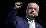 Palestine Liberation Organization Secretary-General Saeb Erekat speaks at the J Street National Conference, in Washington, October 28, 2019. (Jacquelyn Martin/AP)