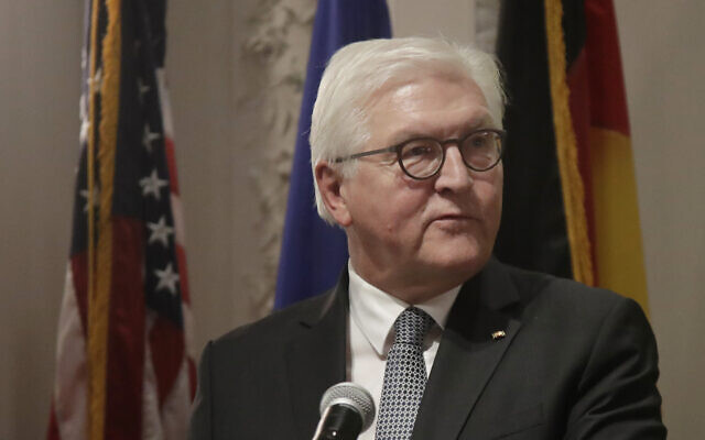 German President Frank-Walter Steinmeier speaks at the Goethe Institute, in Boston, October 31, 2019. (Elise Amendola/AP) German President Frank-Walter Steinmeier speaks at the Goethe Institute, in Boston, October 31, 2019. (Elise Amendola/AP)