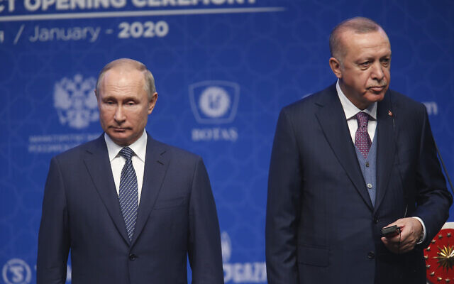 Turkey's President Recep Tayyip Erdogan, right and Russia's President Vladimir Putin, left, attend a ceremony in Istanbul for the inauguration of the TurkStream pipeline, January 8, 2020. (AP Photo/Lefteris Pitarakis) Turkey's President Recep Tayyip Erdogan, right and Russia's President Vladimir Putin, left, attend a ceremony in Istanbul for the inauguration of the TurkStream pipeline, January 8, 2020. (AP Photo/Lefteris Pitarakis)