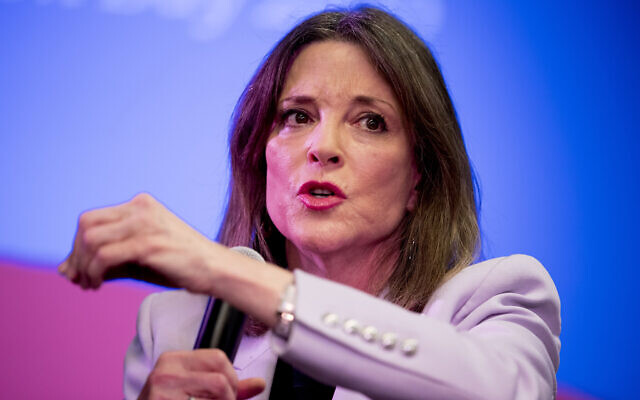 Then-Democratic presidential candidate Marianne Williamson speaks at a the Faith, Politics and the Common Good Forum at Franklin Jr. High School, in Des Moines, Iowa, January 9, 2020. (Andrew Harnik/AP) Then-Democratic presidential candidate Marianne Williamson speaks at a the Faith, Politics and the Common Good Forum at Franklin Jr. High School, in Des Moines, Iowa, January 9, 2020. (Andrew Harnik/AP)