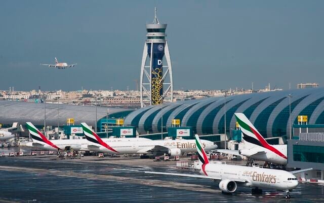 Illustrative: An Emirates jetliner comes in for landing at Dubai International Airport in Dubai, United Arab Emirates. December 11, 2019. (Jon Gambrell/AP) Illustrative: An Emirates jetliner comes in for landing at Dubai International Airport in Dubai, United Arab Emirates. December 11, 2019. (Jon Gambrell/AP)