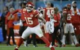 Kansas City Chiefs' quarterback Patrick Mahomes celebrates his touchdown pass to Damien Williams in the second half of the NFL Super Bowl 54 football game February 2, 2020, in Miami Gardens, Florida. (AP Photo/John Bazemore)