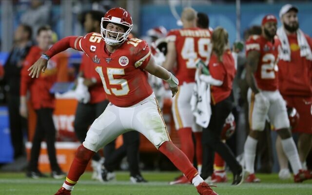 Kansas City Chiefs' quarterback Patrick Mahomes celebrates his touchdown pass to Damien Williams in the second half of the NFL Super Bowl 54 football game February 2, 2020, in Miami Gardens, Florida. (AP Photo/John Bazemore) Kansas City Chiefs' quarterback Patrick Mahomes celebrates his touchdown pass to Damien Williams in the second half of the NFL Super Bowl 54 football game February 2, 2020, in Miami Gardens, Florida. (AP Photo/John Bazemore)