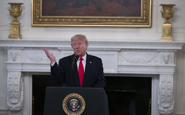 US President Donald Trump speaks during a 'White House Business Session with our Nation's Governors,' in the State Dining Room of the White House, in Washington, February 10, 2020. (Alex Brandon/AP) US President Donald Trump speaks during a 'White House Business Session with our Nation's Governors,' in the State Dining Room of the White House, in Washington, February 10, 2020. (Alex Brandon/AP)