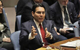 Israeli ambassador to the United Nations Danny Danon speaks during a Security Council meeting at United Nations headquarters on February 11, 2020. (AP Photo/Seth Wenig)