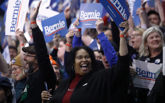 Supporters cheer at a primary night election rally for Democratic presidential candidate Sen. Bernie Sanders, I-Vt., in Manchester, N.H., Tuesday, Feb. 11, 2020. (AP/Matt Rourke) Supporters cheer at a primary night election rally for Democratic presidential candidate Sen. Bernie Sanders, I-Vt., in Manchester, N.H., Tuesday, Feb. 11, 2020. (AP/Matt Rourke)