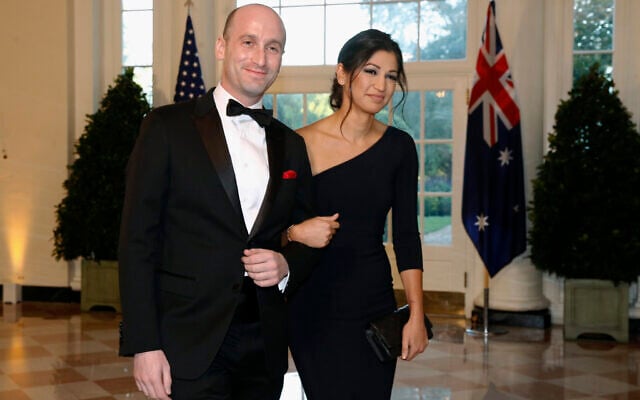 US President Donald Trump's White House Senior Adviser Stephen Miller, left, and Katie Waldman, before their marriage, at the White House, Sept. 20, 2019. (AP/Patrick Semansky, File)