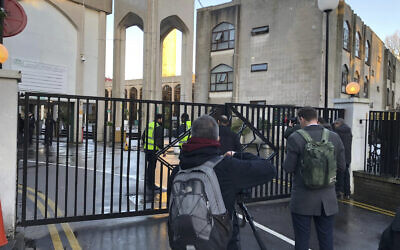 The scene outside London Central Mosque in Regent's Park, where police have arrested a man on suspicion of attempted murder, in London, February 20, 2020 (Marc Ward/PA via AP)