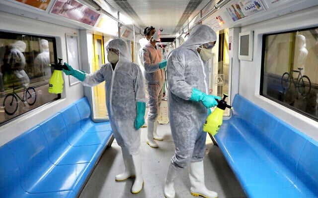 Workers disinfect subway trains against coronavirus in Tehran, Iran, in the early morning of Feb. 26, 2020 (AP Photo/Ebrahim Noroozi) Workers disinfect subway trains against coronavirus in Tehran, Iran, in the early morning of Feb. 26, 2020 (AP Photo/Ebrahim Noroozi)