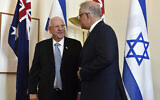President Reuvin Rivlin, left, and Australia's Prime Minister Scott Morrison meet at Parliament House in Canberra, February 26, 2020. (Mick Tsikas/AAP Image via AP)