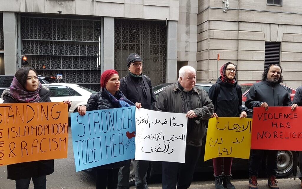 Amal Elsana-Alh’jooj, second from left, at a Montreal demonstration in solidarity with Muslims after the shooting attack at a mosque in Christchurch, New Zealand, in March 2019. (Courtesy)