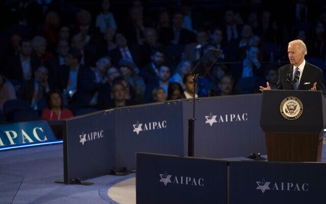 Then-vice president Joe Biden addresses the AIPAC 2016 Policy Conference in Washington, DC, March 20, 2016. (Molly Riley/AFP via Getty Images via JTA) Then-vice president Joe Biden addresses the AIPAC 2016 Policy Conference in Washington, DC, March 20, 2016. (Molly Riley/AFP via Getty Images via JTA)