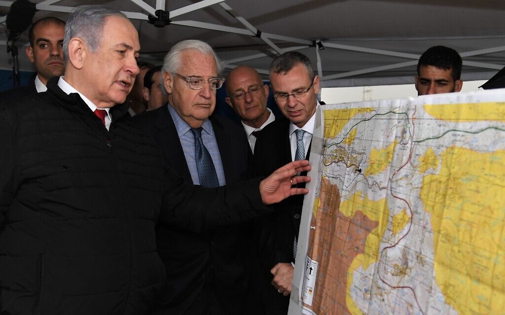 Prime Minister Benjamin Netanyahu (L) and US Ambassador to Israel David Friedman (2nd-L) at the northern West Bank settlement of Ariel on February 24, 2020. (David Azagury/US Embassy Jerusalem) Prime Minister Benjamin Netanyahu (L) and US Ambassador to Israel David Friedman (2nd-L) at the northern West Bank settlement of Ariel on February 24, 2020. (David Azagury/US Embassy Jerusalem)