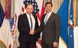 Defense Minister Naftali Bennett, left, meets with then US Defense Secretary Mark Esper in Washington, DC, on February 4, 2020. (US Department of Defense)