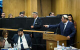 Otzma Yehudit chairman Itamar Ben Gvir speaks during the Central Elections Committee discussion of requests to disqualify Joint List party candidate Heba Yazbak from running in the upcoming Knesset elections on January 29, 2020. (Yonatan Sindel/Flash90)