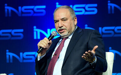 Yisrael Beytenu chairman MK Avigdor Liberman at the Annual International Conference of the Institute for National Security Studies, in Tel Aviv, on January 30, 2020. (Avshalom Sassoni/Flash90)