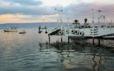 View of the Sea of Galilee as it seen from the beach promenade in the northern Israeli city of Tiberias, on January 30, 2020. (David Cohen/Flash90)