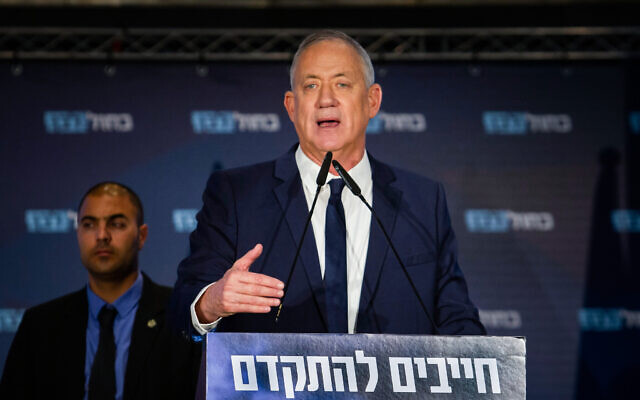 Blue and White party leader MK Benny Gantz speaks during a party campaign event in Netanya on February 5, 2020. (Flash90) Blue and White party leader MK Benny Gantz speaks during a party campaign event in Netanya on February 5, 2020. (Flash90)