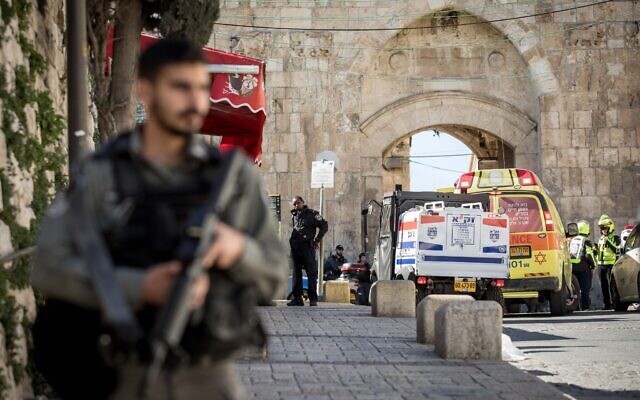 Illustrative: Police and rescuers at the scene of an attack near Lions' Gate in Jerusalem's Old City in which a police officer was lightly injured and the assailant was killed, February 6, 2020. (Olivier Fitoussi/Flash90) Illustrative: Police and rescuers at the scene of an attack near Lions' Gate in Jerusalem's Old City in which a police officer was lightly injured and the assailant was killed, February 6, 2020. (Olivier Fitoussi/Flash90)