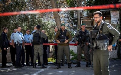 Illustrative: Police at the scene of a stabbing attack near Lions Gate in Jerusalem's Old City, on February 6, 2020. (Olivier Fitoussi/Flash90)
