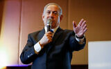 Prime Minister Benjamin Netanyahu speaks to the Conference of Presidents of Major American Jewish Organizations in Jerusalem on February 16, 2020. (Olivier Fitoussi/Flash90)