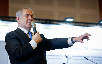Prime Minister Benjamin Netanyahu speaks at the Conference of Presidents of Major American Jewish Organizations in Jerusalem, on February 16, 2020. (Olivier Fitoussi/Flash90)