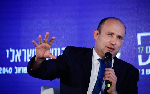 Defense Minister Naftali Bennett speaks at the 17th annual Jerusalem Conference of the 'Besheva' group, on February 24, 2020. (Olivier Fitoussi/Flash90) Defense Minister Naftali Bennett speaks at the 17th annual Jerusalem Conference of the 'Besheva' group, on February 24, 2020. (Olivier Fitoussi/Flash90)