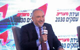 Yisrael Beytenu party leader Avigdor Liberman  speaks at the Maariv conference in Herzliya, on February 26, 2020. (Miriam Alster/Flash90)