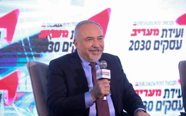 Yisrael Beytenu party leader Avigdor Liberman speaks at the Maariv conference in Herzliya, on February 26, 2020. (Miriam Alster/Flash90) Yisrael Beytenu party leader Avigdor Liberman speaks at the Maariv conference in Herzliya, on February 26, 2020. (Miriam Alster/Flash90)