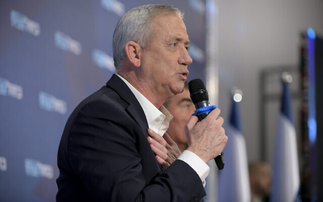Blue and White chairman Benny Gantz speaks at a campaign event in Kfar Saba on February 12, 2020. (Gili Yaari/Flash90) Blue and White chairman Benny Gantz speaks at a campaign event in Kfar Saba on February 12, 2020. (Gili Yaari/Flash90)