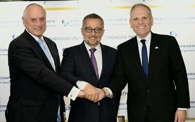 Illustrative: The Conference of Presidents' Malcolm Hoenlein (L), Arthur Stark (C) and William Daroff at a press conference in Jerusalem, February 16, 2020 (Avi Hayoun)